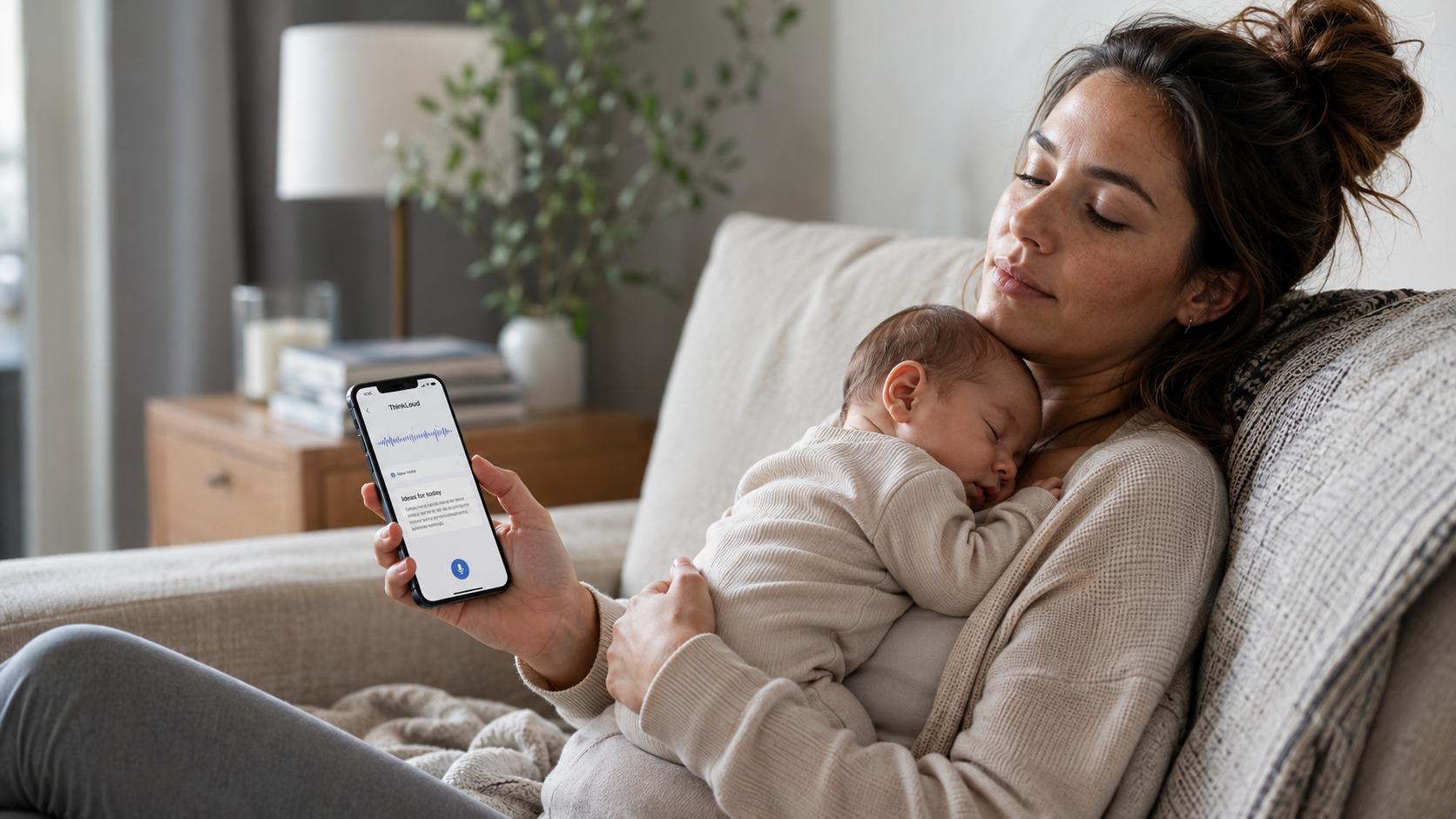 Mom holding a sleeping newborn while using the ThinkLoud voice-to-content app on her phone